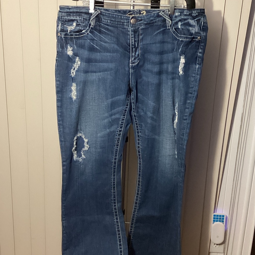 Seven7 Distressed Medium Blue Bootcut Jeans
